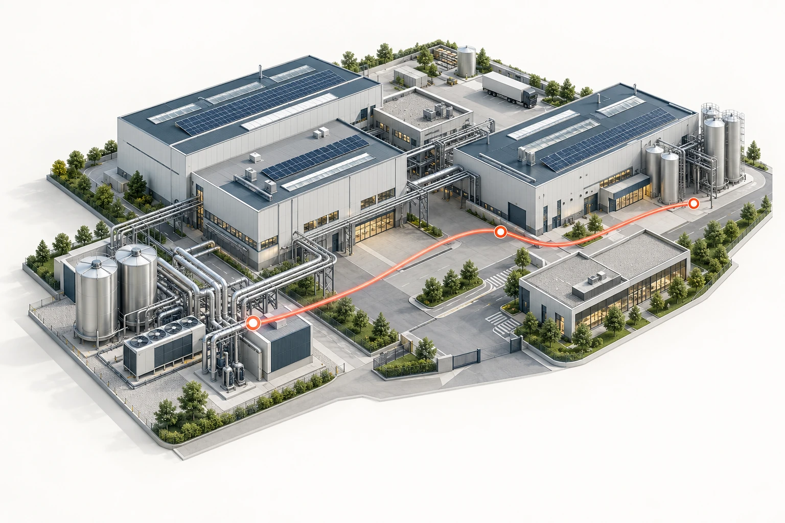 Conceptual industrial site with heat recovery, thermal storage and rooftop solar, connected by a phased decarbonisation pathway.