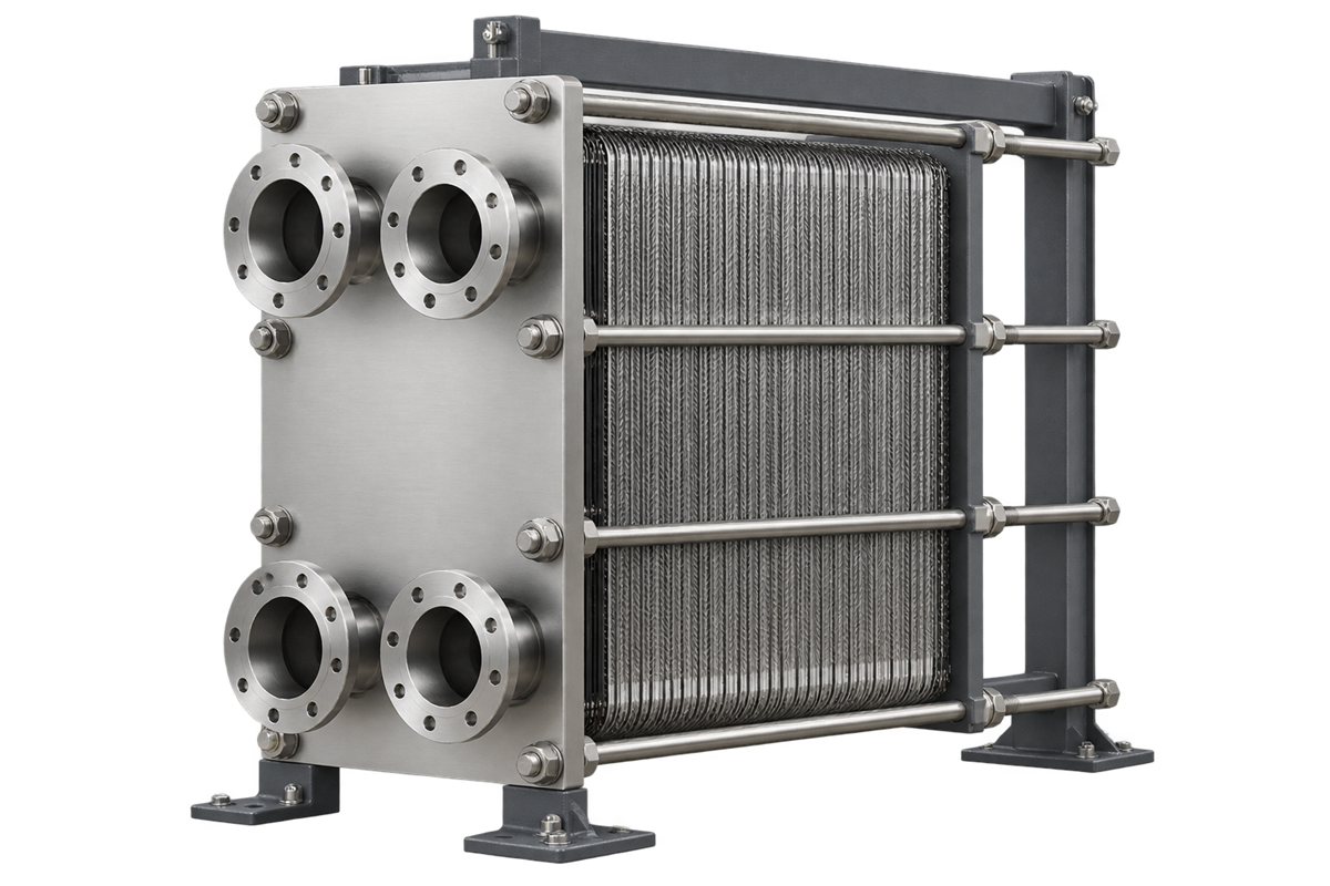 Technical illustration of a conventional plate heat exchanger